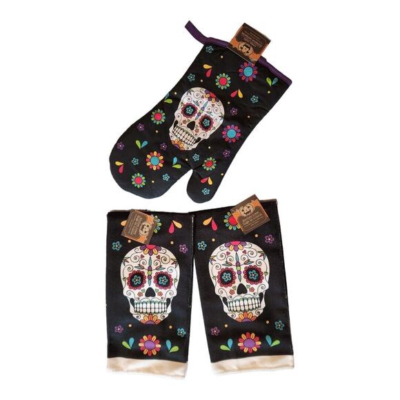 Sugar Skull Day of the Dead Halloween Oven Mitt 2 Kitchen Towels NEW 3 Pc Set - Picture 1 of 9